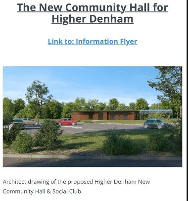 Architect's impression of the proposed Higher Denham New Community Hall & Social Club — a single-storey timber and brick building with cars in the parking area, set among trees and meadow.